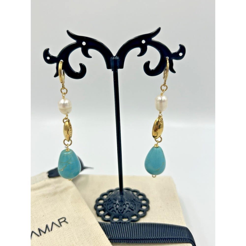 Mayamar Gold Plated Faux Pearls and Faux Turquoise Stone Drop Earrings - Picture 4 of 5
